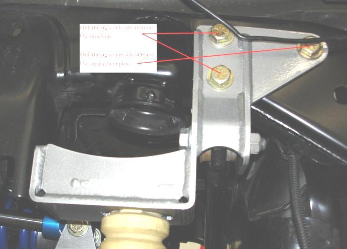 Install ½ x 1 bolt from factory trackbar bracket through into EVO bracket 27.