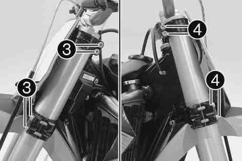 23Adjusting the play of the steering head bearing x Jack up the motorcycle. ( p. 26) Loosen screws. Remove screw. Loosen and retighten screw. Screw, top steering head M20x1.5 10 Nm (7.