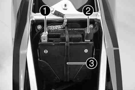 MAINTENANCE WORK ON CHASSIS AND ENGINE 55 Switch off all power-consuming components and switch off the engine. Remove the seat. ( p. 57) Disconnect the negative (minus) cable of the battery.