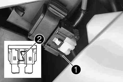 Charge the battery regularly when the motorcycle is not in use Mount the seat. ( p. 57) 3 months 9.77Removing a fuse Switch off all consumers and the engine. Remove the air filter box lid. ( p. 63) Remove protective cover.