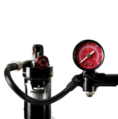 8 Use a shock pump to inflate the shock to the desired air pressure, then
