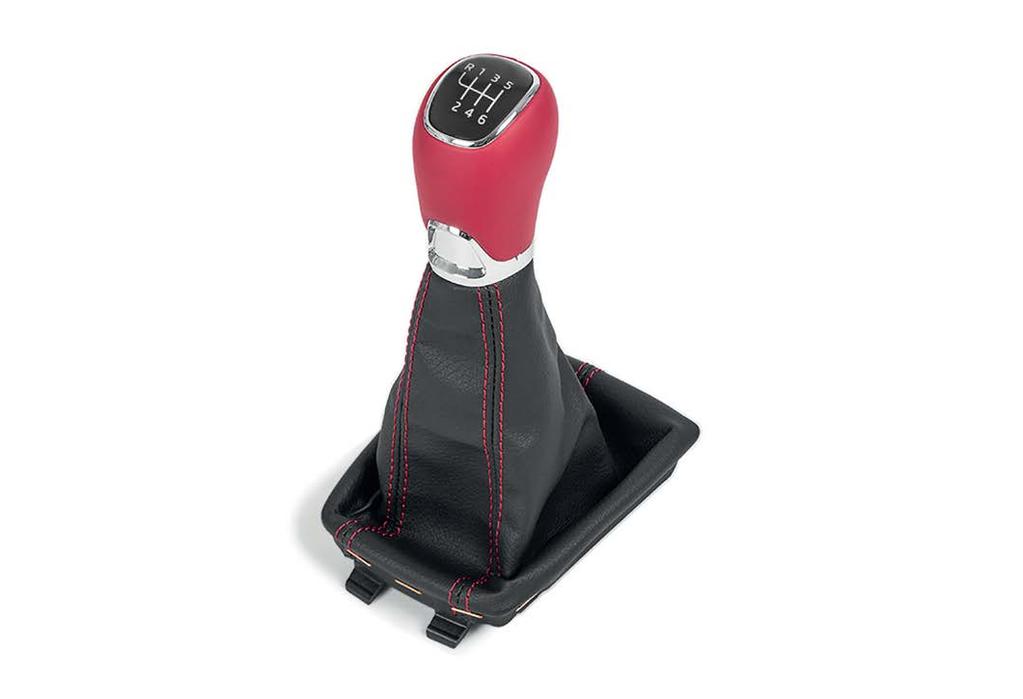 Gaiter with gear shift knob for manual transmission 6V0 064 230B DYT Material: High-quality leather Colour: Knob red, gaiter black, stitching red polyamide fibre Leather collection High-quality