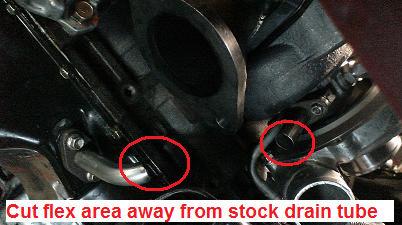 ** Note on oil drain install - It is possible to "massage" the factory oil drain tube slightly to get it to line up with the new turbo.