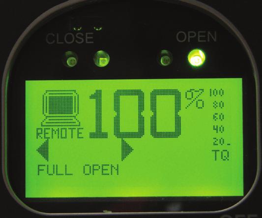 The screen graphics will display the mode of operation, valve status, position, torque, and alarm symbols.