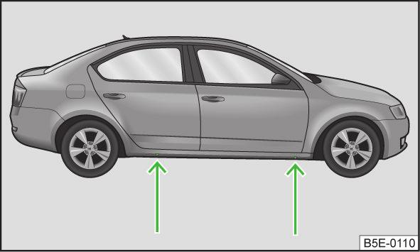 Zdvíhanie vozidla Obr. 197 body pre nasadenie zdviháku Vozidlo zdvíhajte vždy iba na upínacích bodoch. Na zdvíhanie vozidla vyhľadajte pevný a rovný podklad. Zaistenie kolies proti odcudzeniu Obr.
