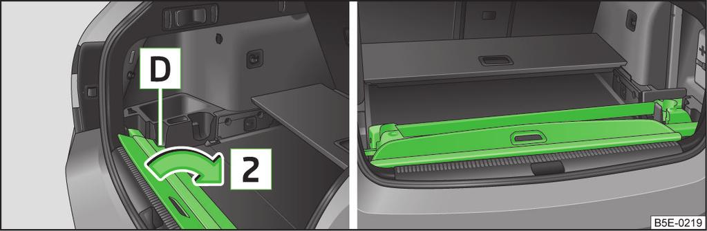 Uschovanie rolovacieho krytu batožinového priestoru Variabilnú podlahu sklopte v hornej pozícii» Strana 95. Bočné kryty batožinového priestoru vyberte v smere šípky 1» Obr. 89.