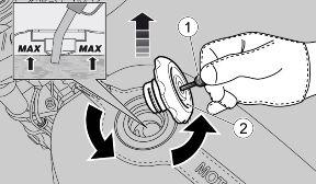 Refuelling (03_02) To refuel: Introduce the key (1) in the fuel tank cap lock (2). Turn the key anticlockwise, then unscrew and remove the fuel cap. Refill.
