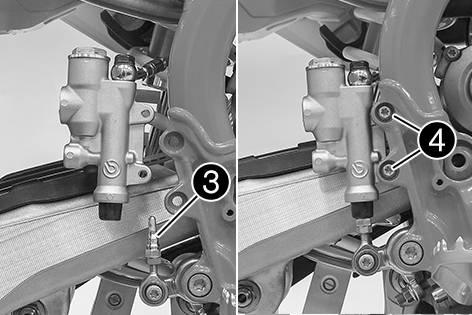Push rod 3 engages in the foot brake cylinder. The dust boot is correctly positioned. Mount and tighten screws 4. Remaining screws, chassis M6 10 Nm (7.