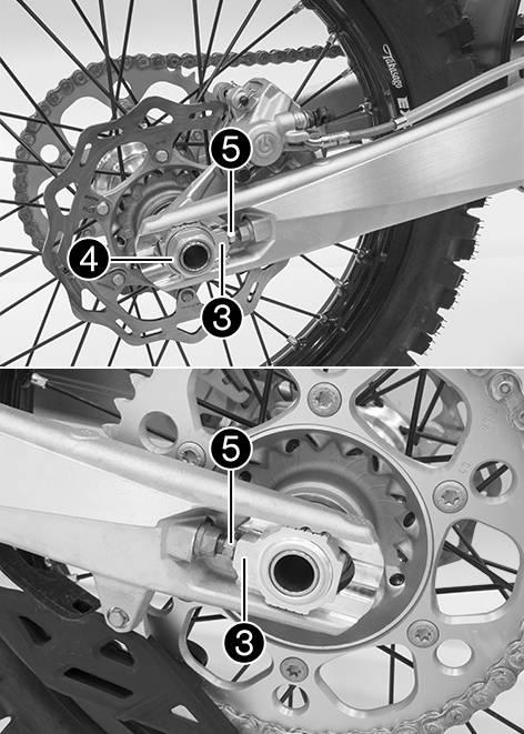 Make sure that chain adjusters 3 are fitted correctly on adjusting screws 5. Check the chain tension. ( p. 55) Tighten nut 4. Nut, rear wheel spindle M25x1.