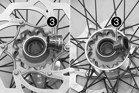 Do not pull the hand brake lever when the front wheel is removed. Always lay the wheel down in such a way that the brake disc is not damaged. M00118-10 Remove spacers. M00119-10 14.