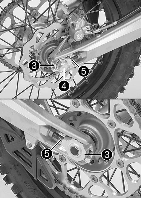 Make sure that chain adjusters are fitted correctly on adjusting screws. Check the chain tension. ( p. 69) Tighten nut. Nut, rear wheel spindle M20x1.