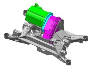 The rear powertrain consists of an electric machine coupled directly to a single speed transmission. This is shown in Figure 4. Figure 4: Rear Powertrain (CAD Image) A. 18.