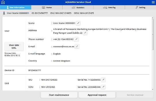 Aquarea Service Cloud User information Tag: All user