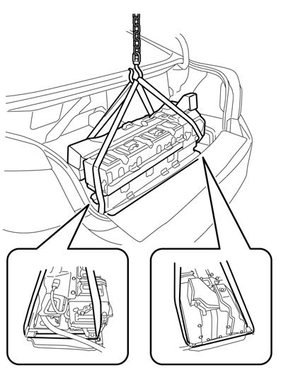 When pulling out the HV battery, do not allow the wire harnesses and the HV battery case to interfere with the vehicle body.