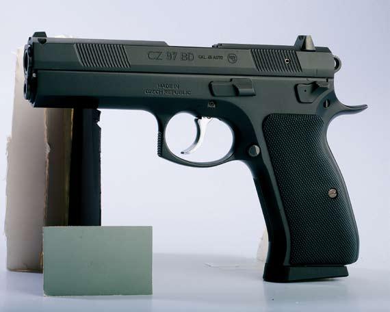 The CZ 97 B has a staggered column magazine holding 10 cartridges and loaded chamber indicator. Calibre.