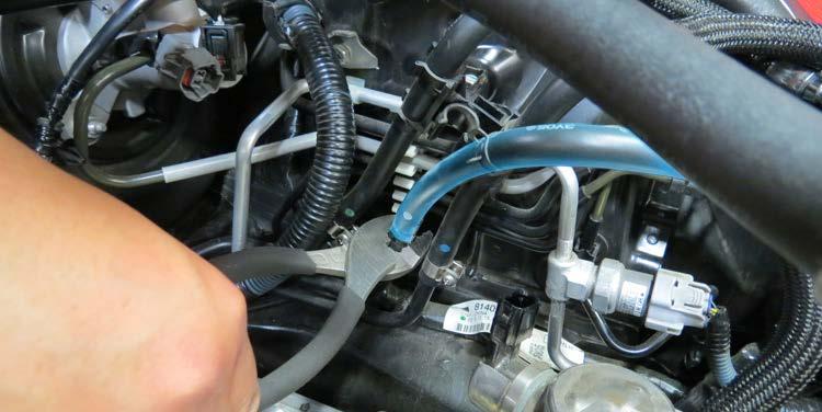 Using pliers, remove the factory EVAP hose from the hard line located in between the low