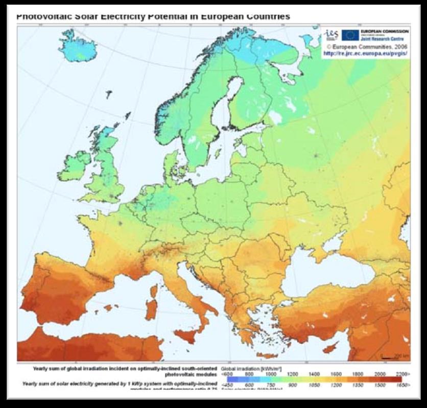 Päikeseenergia jaotumine 1 kw PV-paneele toodab Eestis ja Kesk-Saksamaal aastas arvestuslikult sama palju elektrienergiat, ca.
