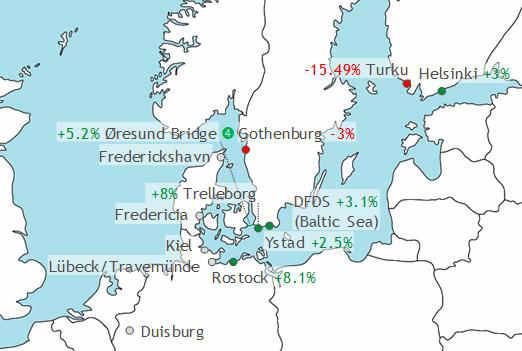 from North sea to Dover Strait (Channel Tunnel) predicted Shifts to road-only options between Germany and Sweden
