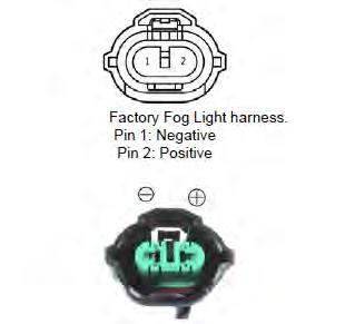 Note: If the fog light connector is preinstalled in the kit, proceed to step 11 8. The factory fog light harness polarity is shown in Figure 8. Pin 1 is negative. Pin2 is positive.