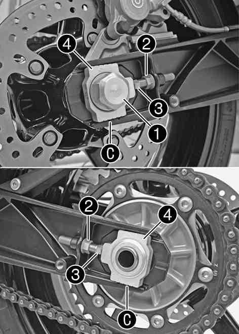 MAINTENANCE WORK ON CHASSIS AND ENGINE 72 Check the chain tension. ( p. 70) Loosen nut. Loosen nuts. Adjust the chain tension by turning adjusting screws on the left and right.