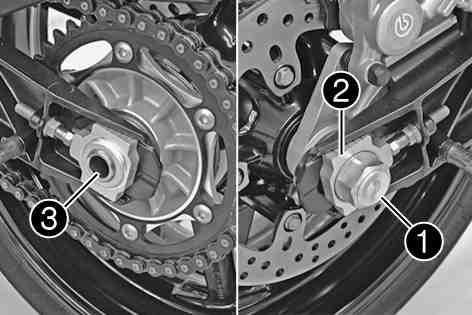 Guideline Screw, fork stub M8 15 Nm (11.1 lbf ft) Take the rear from the work stand. ( p. 62) Jack up the rear of the motorcycle. ( p. 62) Remove nut.