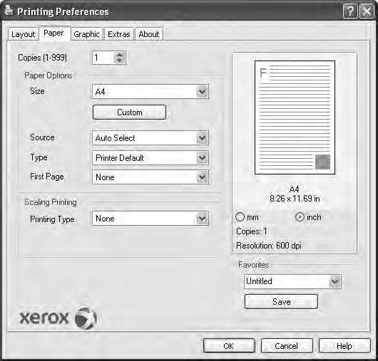Jeziček Paper Z naslednjimi možnostmi lahko nastavite osnovne specifikacije za rokovanje s papirjem, ko dostopate do lastnosti tiskalnika.