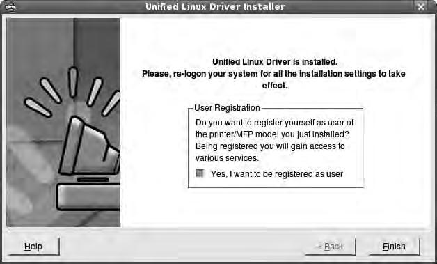 5 Ko se namestitev konča, kliknite Finish. Odstranjevanje Unified Linux Driver 1 Ko se prikaže okno za administracijsko prijavo v polje za prijavo vtipkajte root in nato sistemsko geslo.