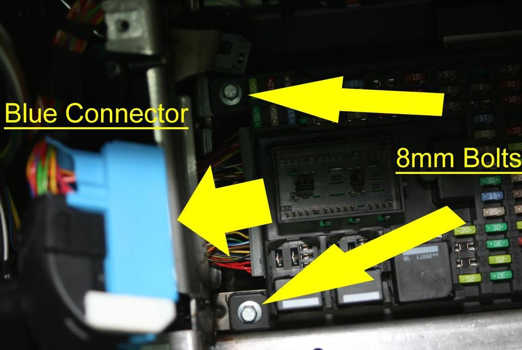 Unplug the large Blue connector from the CJB (Central Junction Box) and remove