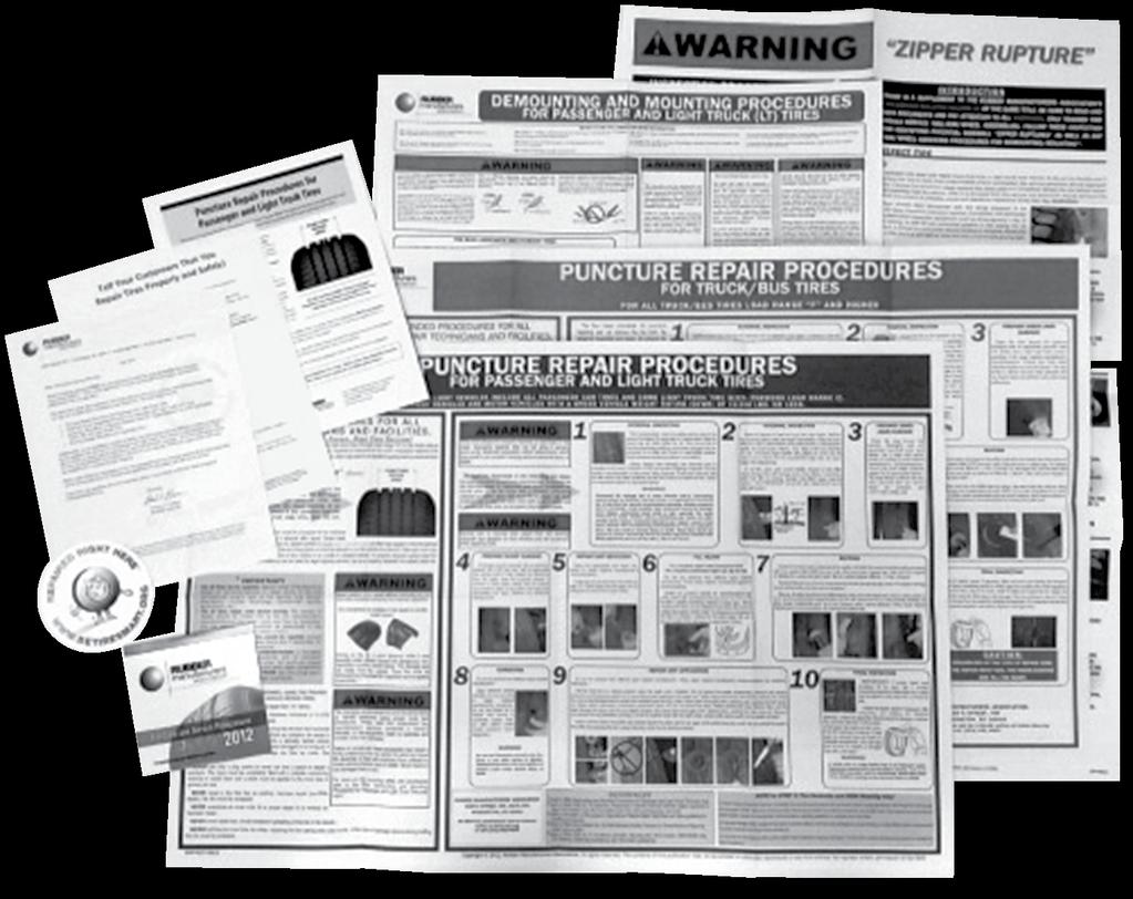 This packet includes instructional wall charts for tire repairs, mounting and demounting, zipper