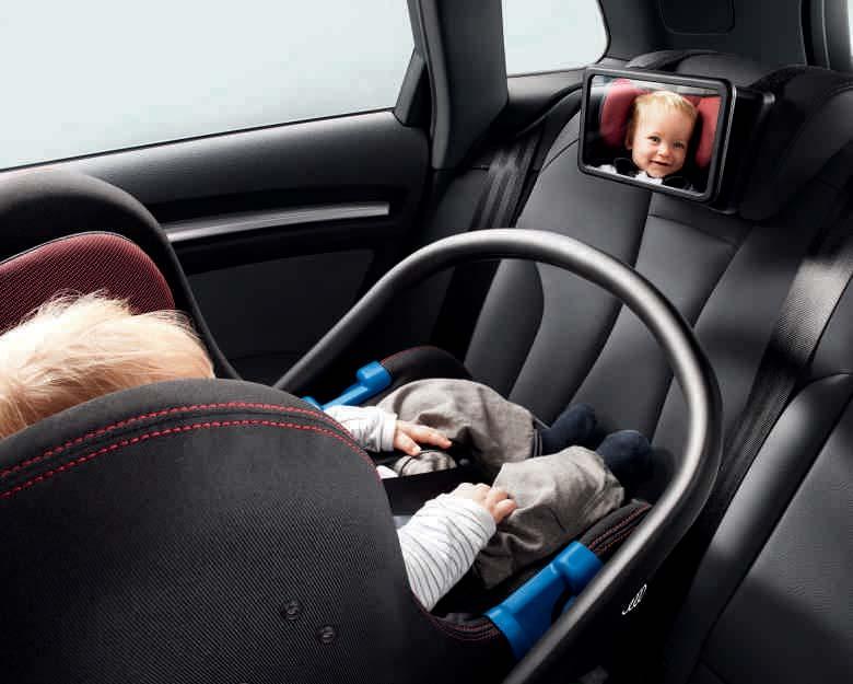 1 Audi baby seat Can be secured using the three-point belt. The integral full-belt safety harness provides improved restraint, whilst the attached cover offers protection from sunlight.