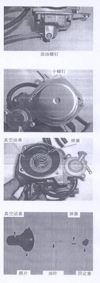 Vacuum chamber Disassembly Loosen the fuel-draining bolt; drain the fuel in the vacuum chamber. Fuel-draining screw Small screws Remove the 2 small screws; open the cover of vacuum chamber.