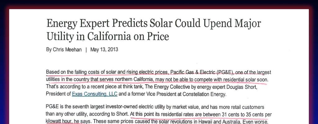 Based on falling costs of solar and rising electric rates, PG&E, one of the
