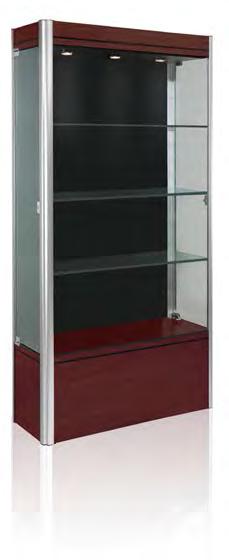 Premium Unique Side Entry 601 3 Contempo Floor Case (pictured in Cherry base, Satin Natural aluminum frame, and Black backing) Wood laminate and aluminum construction medium floor case with 3