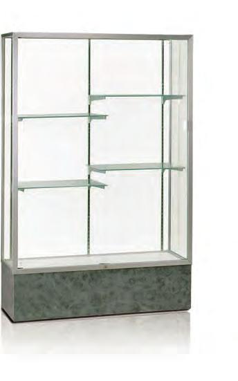base & White backing) Aluminum framed case with sliding glass doors, 12 H base, and 4 halflength adjustable glass shelves.