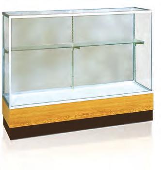 40 H x 60 W x 20 D (including a 10 H base) 2010-6 6 Merchandiser Floor Case (pictured in Champagne frame with Walnut base) Aluminum framed case with 3 full-length adjustable shelves.