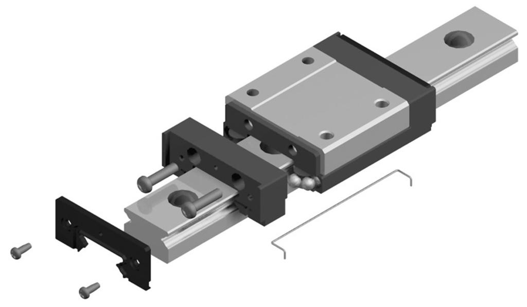 Miniature Linear Rail System Rail Block End plate End seal [Feature of structure] Block guide SBC Miniature linear rail system utilizes two rows of ball bearings which make four point contact between