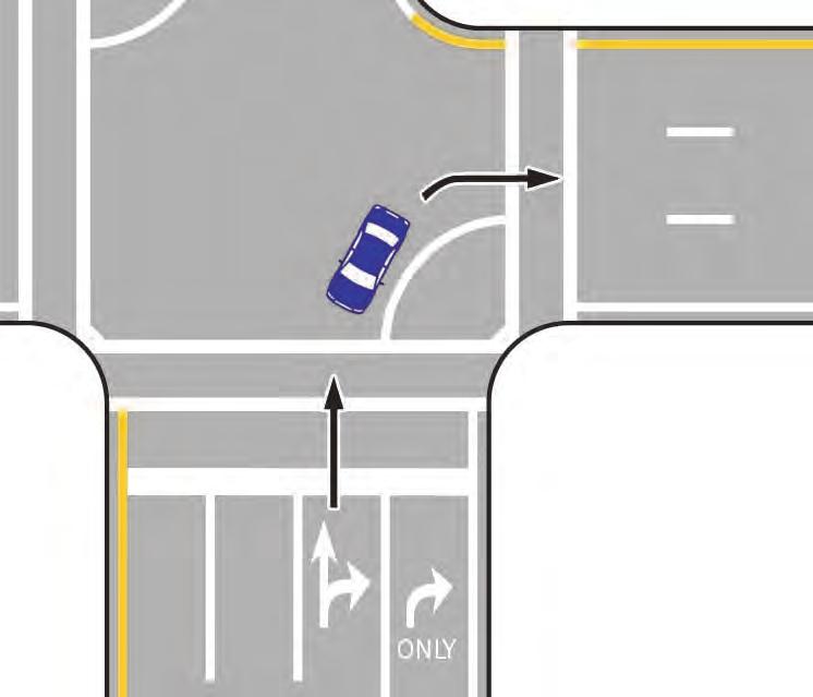 When multiple right-turn lanes are present, complete your turn by entering the lane that corresponds to your turn lane. See Figure 4.5.