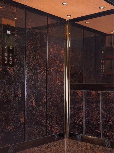 SAMPLE BESPOKE LIFT CARS Lift Car: Ceiling: Floor: Mirror: COP: Decorative Laminate with golden Stainless steel plates.