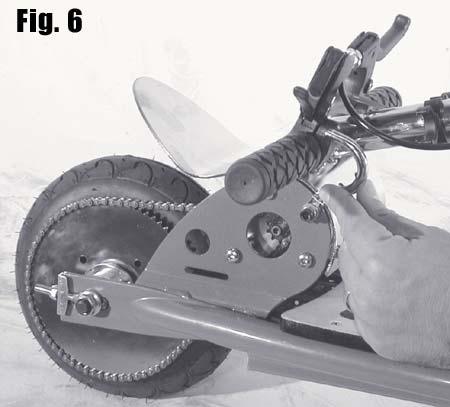 To stop, release the accelerator handle and depress the BRAKE LEVER (on the left side of the handlebars). Depressing the brake will temporarily disengage power to the motor. 18.