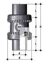 SXEAV Easyfit ball check valve with female ends for solvent welding, ASTM series d DN PN E H L Z g EPDM Code FPM Code 1/2 15 16 54 96 22.5 51 148 SXEAV012E SXEAV012F 3/4 20 16 63 105 25.