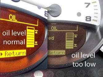 Oil Change Service - Step 17 When the oil level is correct, all bars between the MIN and MAX levels will be solid yellow (left