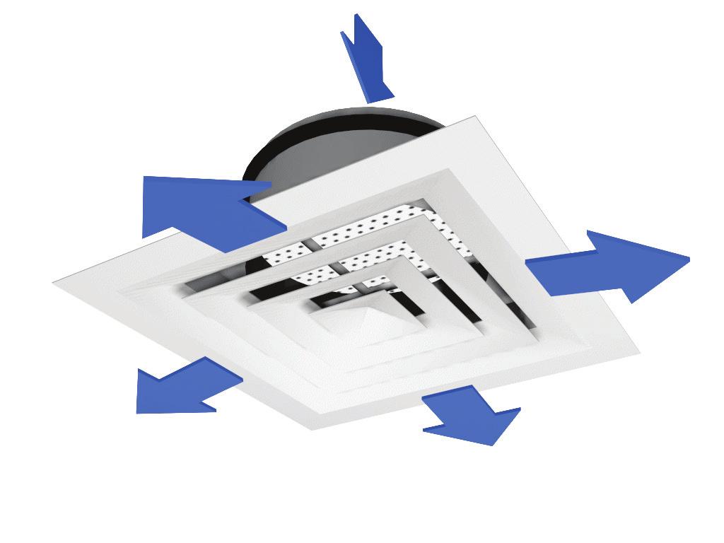 The fixed cones of the diffuser are designed to ensure that the supply air flows along the ceiling. The DFA diffuser can also be used as an exhaust unit.