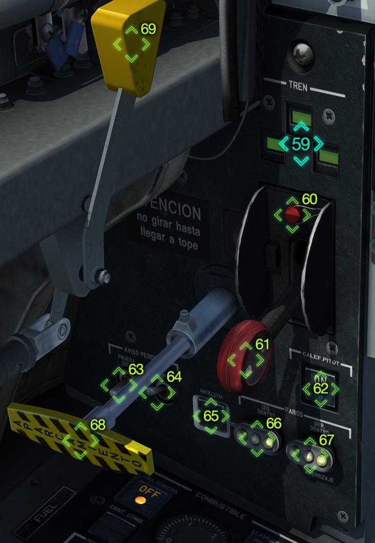 FRONT COCKPIT CONTROLS AND INDICATORS Continued Forward Left Panel 59. Gear Position Indicator 60. Gear Lock Override 61. Gear Handle 62. Pitot Heat 63. Stall Warning System Test 64.