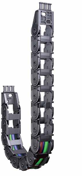 unsupported length High torsional rigidity Chain links made of plastic Intelligent 2-shot-design: hard cable carrier body, soft crossbars Extensive unsupported length Single-part mounting brackets