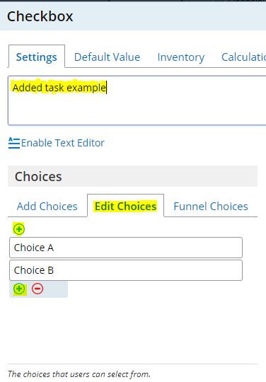 v okencu Checkbox (Potrditveno polje) pod okvirom Choices (Izbire) kliknite na