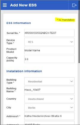 Entering Initial Installation Information 7.4.3 Adding New ESS Information Click the main menu and select Add New ESS. Enter the ESS information, installation information, and owner's information.