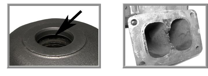 High exhaust temperatures can also erode (Figure 16) and crack (Figure 17) the turbine housing and/or bearing housing. Excessive heat discoloration of the turbine shaft is usually visible.