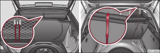 69 Batožinový priestor: sklopný háčik / batožinový priestor: sklopný háčik (Combi) Na oboch stranách batožinového priestoru sa nachádzajú sklopné háčiky na upevnenie menšej batožiny, napr.