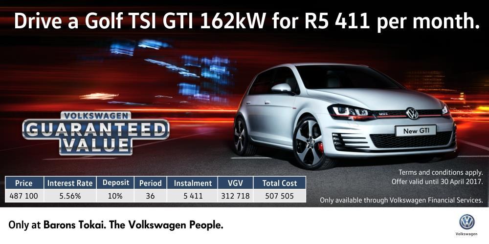 Golf GTI Manual (VGV Offer) Deposit Period Instalment GFV Golf TSI GTI 162kW 487100 5.56% 10.00% 36 5 411 312 718 507 505 Linked to FNB prime rate, currently 10.5%.