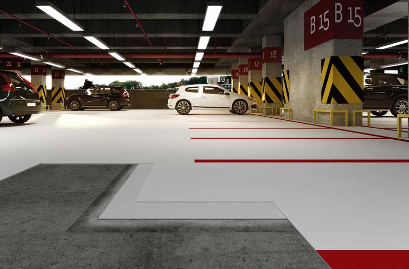 Mapefloor Parking Systém ME Viacvrstvový polyuretánový bezškárový podlahový systém s vysokou schopnosťou premostenia dynamických trhlín, vhodný do priestorov namáhaných intenzívnym prevádzkovým